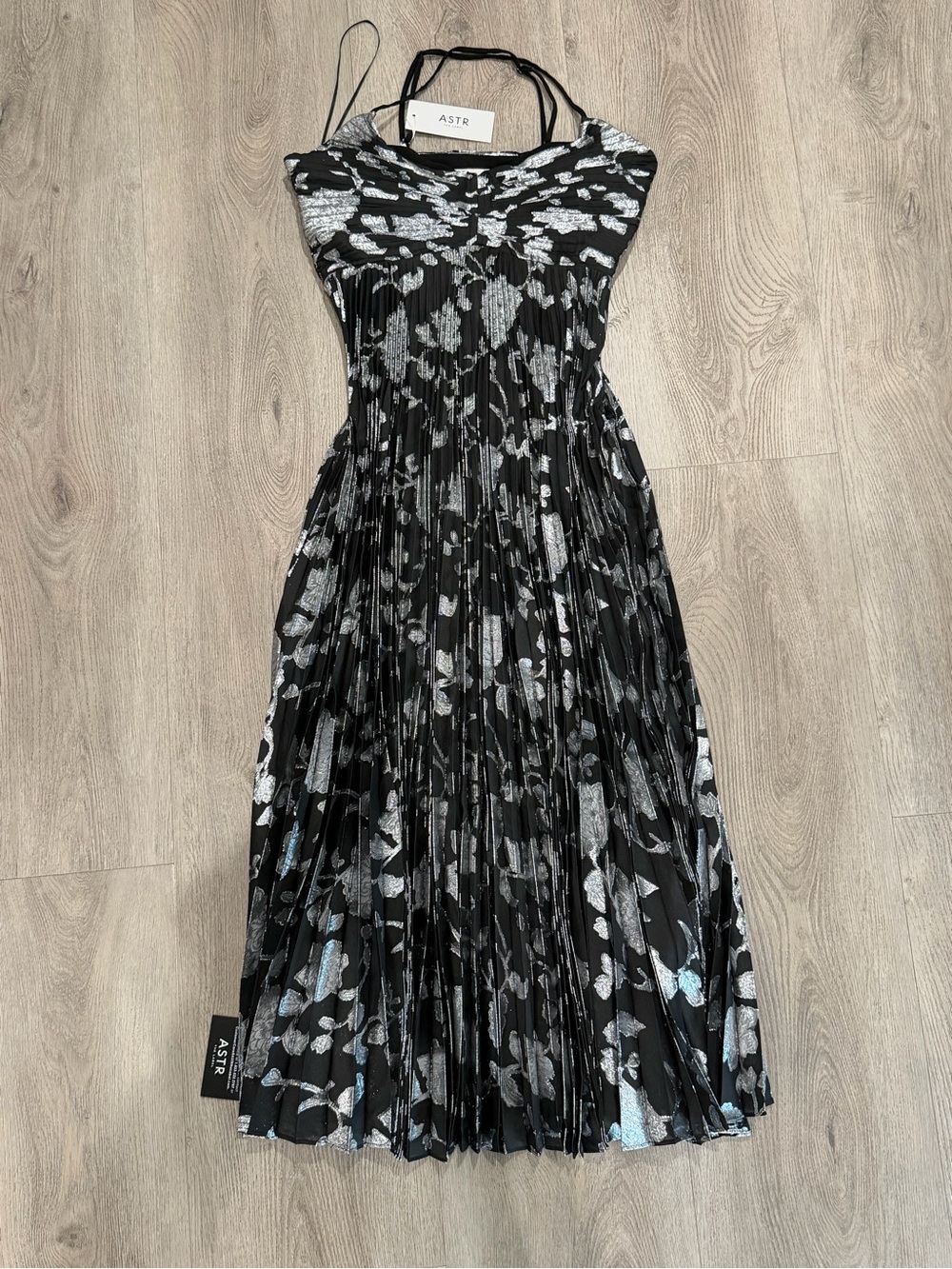 Astr Black Dress with Silver Floral Pleats